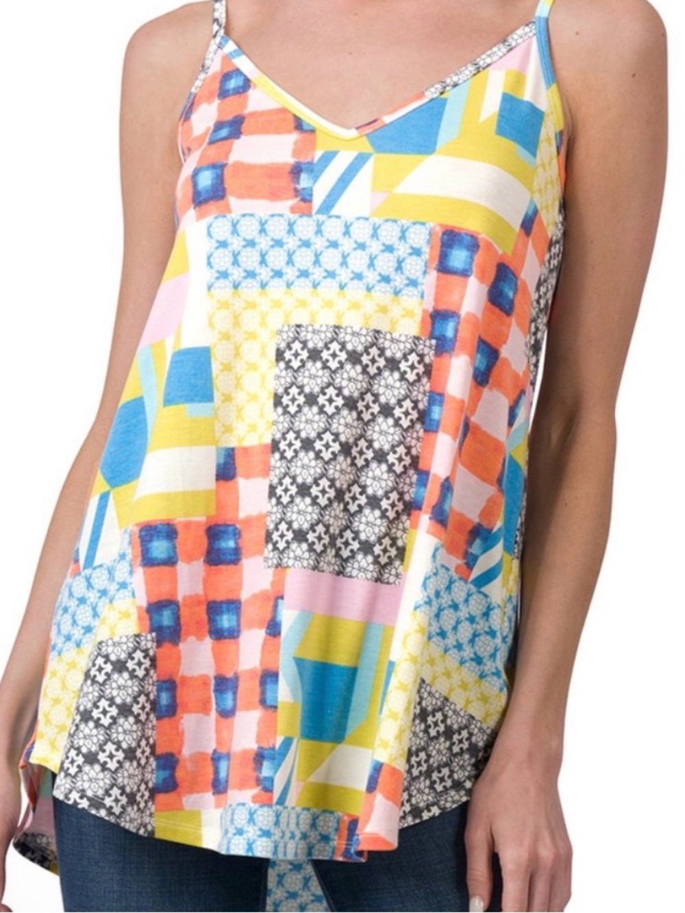 Zenana Outfitters Multicolor Patchwork V-Neck Tank Top